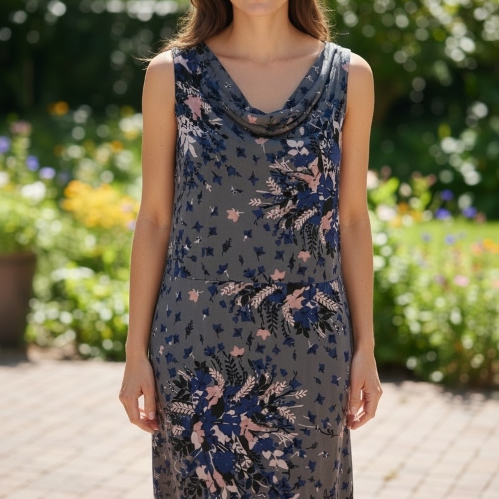 Sleeveless Cowl Neck Floral Midi Dress - Gray with Navy & Blush Small